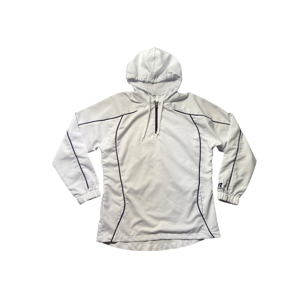 Russell Athletic White Quarter Zip Pullover Windbreaker Women’s M Hooded Jacket